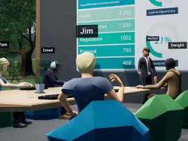 People as avatars having a business meeting in a virtual metaverse VR office.