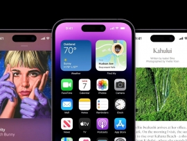 3 iPhone 14 Pros side-by-side with different displays