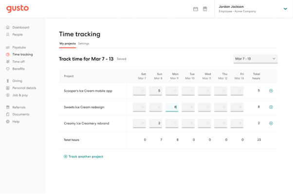 This is an example of an employee time tracking dashboard on Gusto.