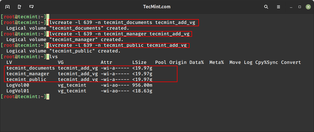 List Created Logical Volumes