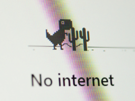 No internet inscription with dinosaur game in Google Chrome browser, close-up photo. Chernihiv, Ukraine - 15 January 2022