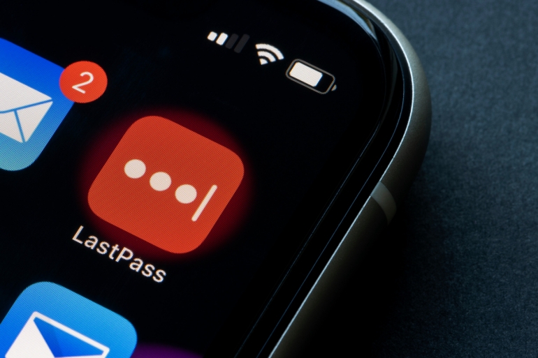 LastPass mobile app icon is seen on an iPhone. LastPass is a freemium password manager that stores encrypted passwords online.
