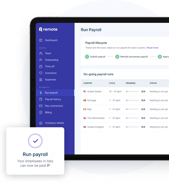 Remote payroll lifecycle pay runs for different countries.